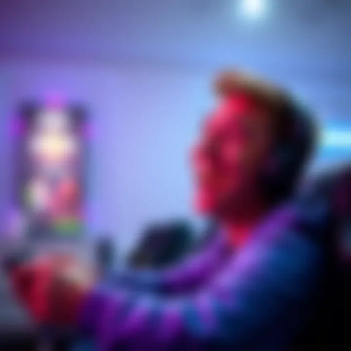 A gamer smiling while playing a video game on a console, with colorful graphics on the screen, showcasing excitement and fun.