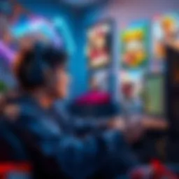 Player enjoying a game A gamer focused on playing a video game, surrounded by game posters and snacks, showing excitement