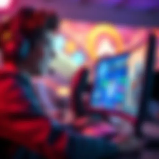 A gamer with headphones smiling while playing Overwatch on a computer, with colorful graphics displayed on the screen.