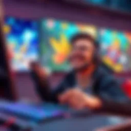 A gamer smiling while playing a game that exceeded their expectations, with a colorful game display in the background