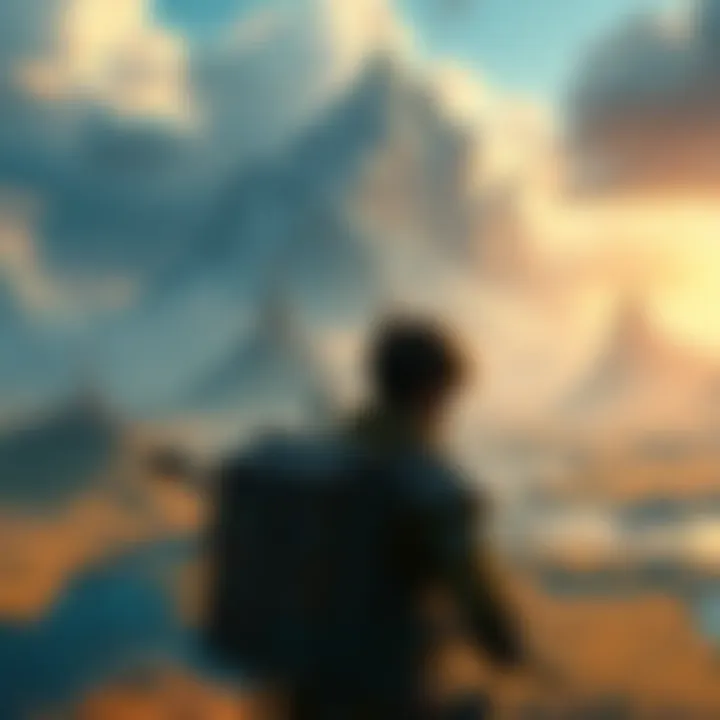 A gamer surrounded by a vast open world with mountains and castles, reflecting a journey of freedom and adventure in Elden Ring.