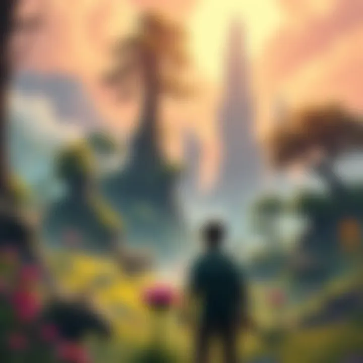 A gamer exploring a vibrant fantasy landscape filled with mythical creatures and towering trees