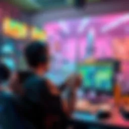 A player playing a video game in a colorful setting, looking at a map after Rotfront, balancing gaming with study materials on the desk