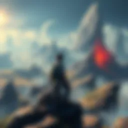 A player character looking over an expansive landscape filled with hidden areas and challenging foes, symbolizing exploration and adventure.