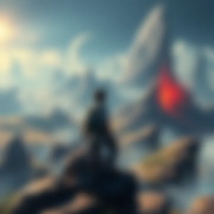 A player character looking over an expansive landscape filled with hidden areas and challenging foes, symbolizing exploration and adventure.