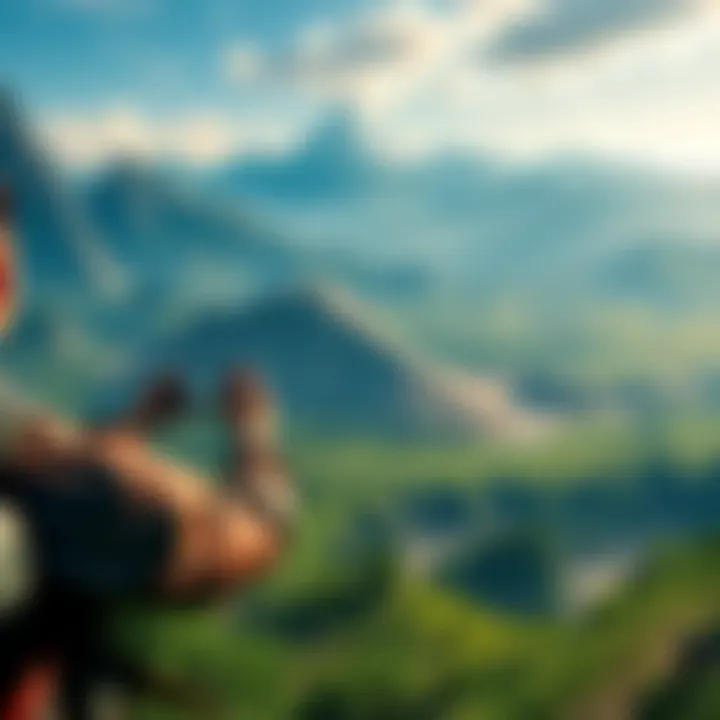 A gamer taking a photograph of a scenic landscape in a large open-world RPG, showcasing detailed environments and vibrant colors.