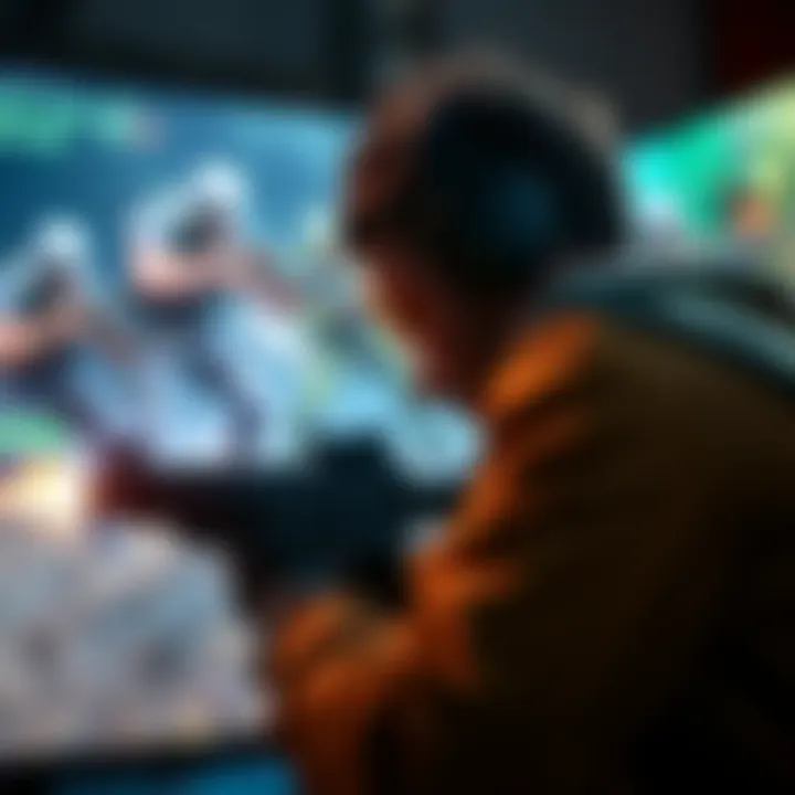 A gamer engaged in an extraction shooter game, focused on the screen with intense gameplay elements, including gunfire and loot gathering.