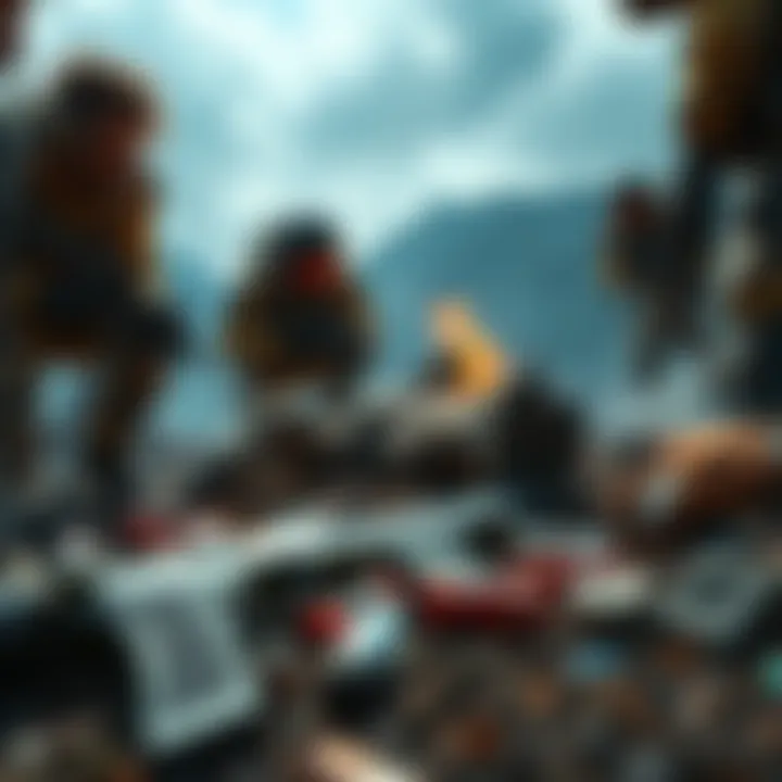 A player lying on the ground in an extraction zone, surrounded by loot, while teammates assess the situation during a tense moment.