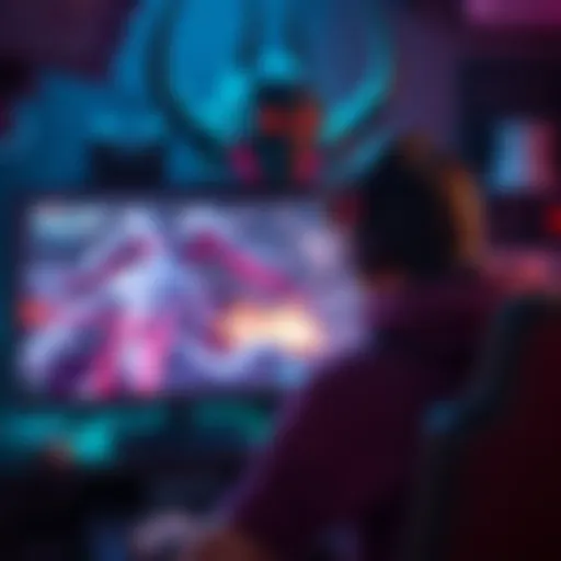 A player in a gaming setup, focused on defeating the boss Rellana, with a monitor displaying the intense battle scene.