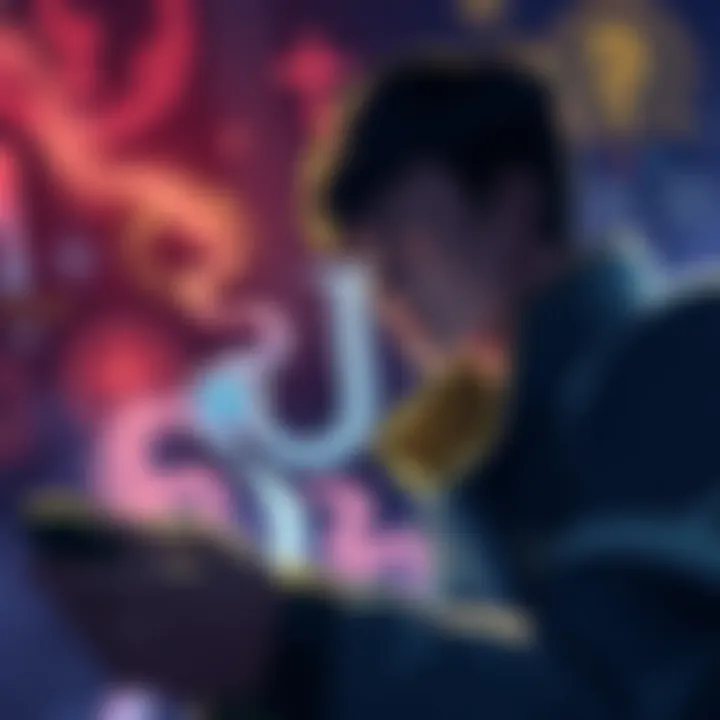 A gamer contemplating options for faith and intelligence in gameplay, surrounded by spellcasting elements and character stats.