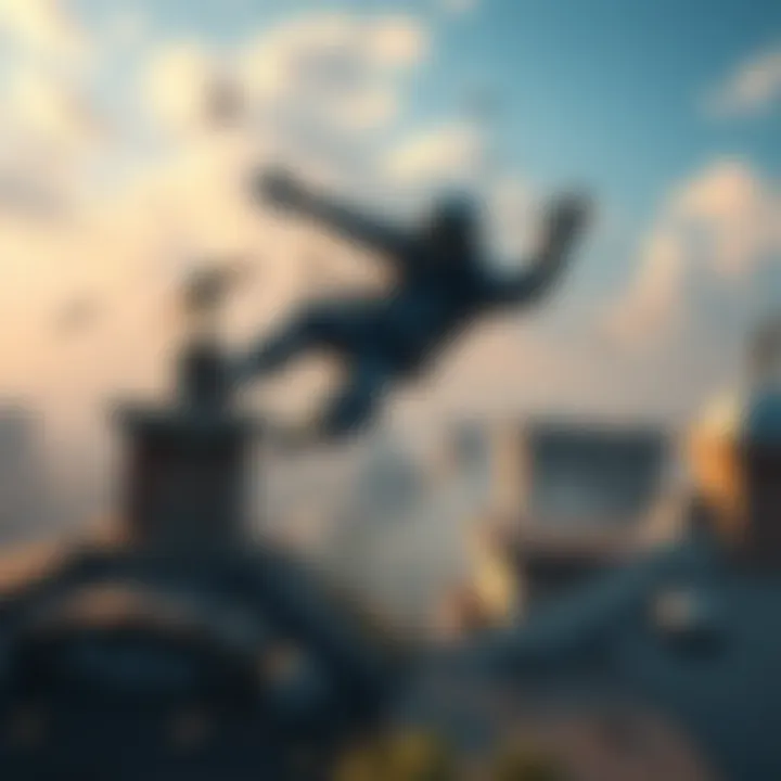 A gaming character loses balance and falls from a rooftop while upgrading items, highlighting the dangers of focus on power-ups.