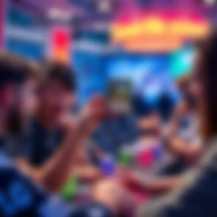 A close-up of a player excitedly holding their favorite card in a gaming setting, engaging with others about its importance.