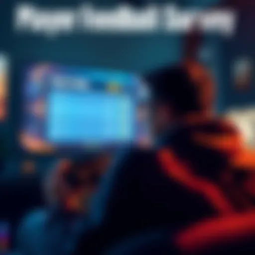 A gamer holding a controller and thinking about favorite game modes, with a survey form on screen.