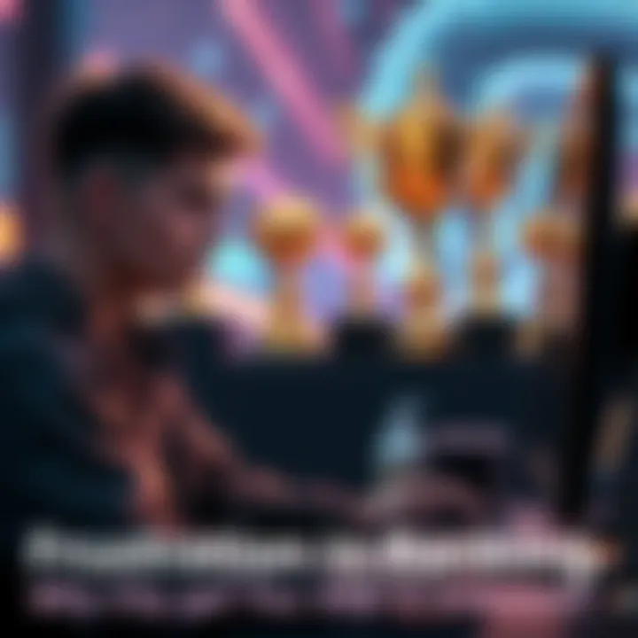 A gamer looking disappointed while playing on a computer, showing tournament trophies in the background