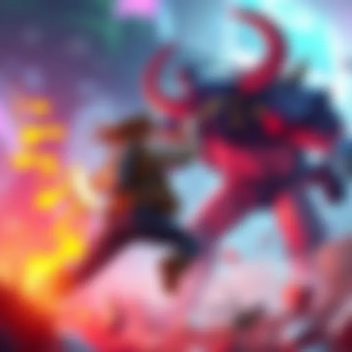 A player battles Miranda, a challenging boss character, surrounded by a vibrant game world