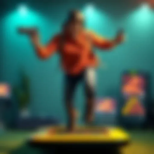 A gamer jumping on a jump pad while making finger gun gestures, expressing excitement and fun in a gaming setting.