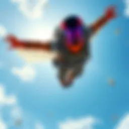 A character soaring through a bright blue sky in a vibrant video game environment, showcasing exceptional flying mechanics