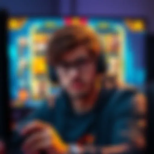 A gamer looks frustrated while playing a video game, with achievements displayed on the screen behind them.