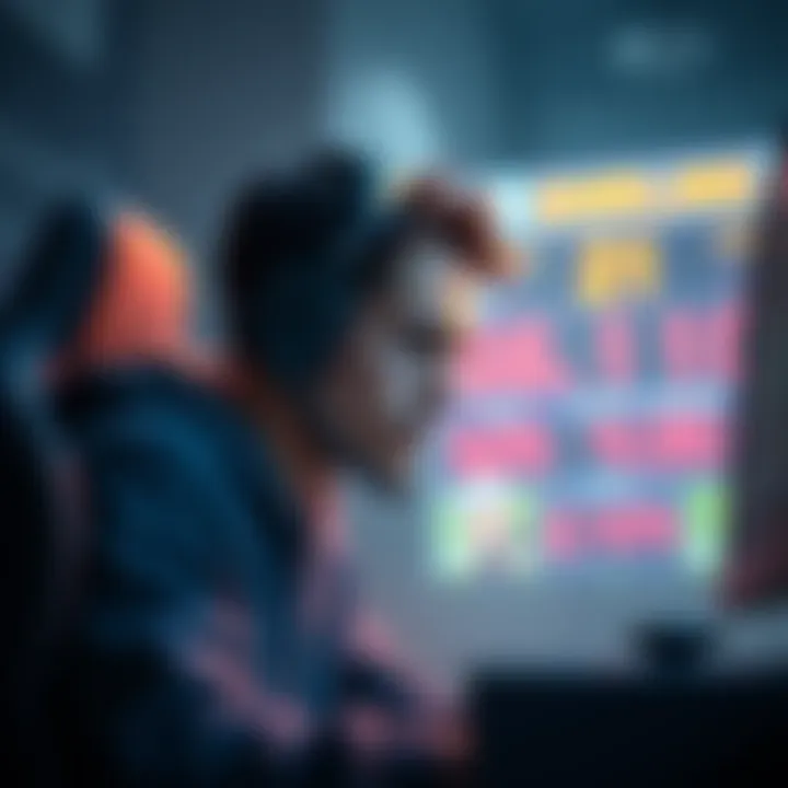 A gamer looking upset while playing on a computer, with a scoreboard in the background showing a large loss. The atmosphere reflects disappointment and unfair competition.