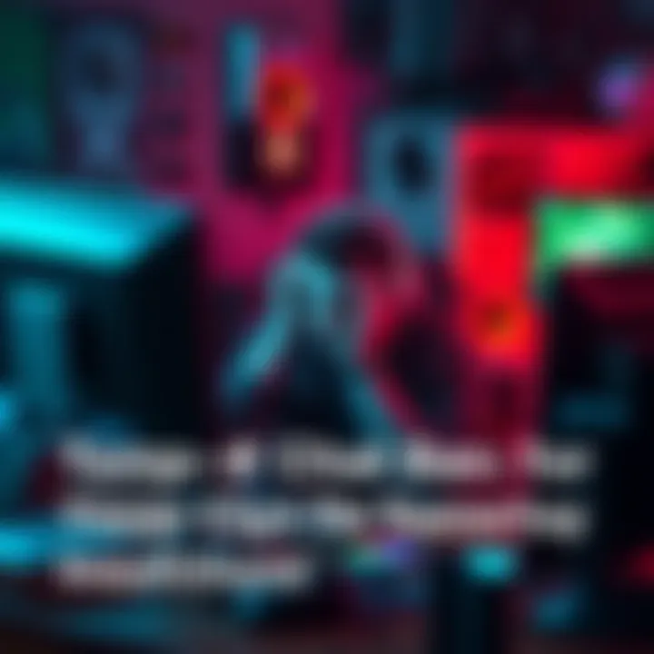 A gamer expressing frustration at their computer after receiving a chat ban for criticizing their gameplay, surrounded by gaming paraphernalia.