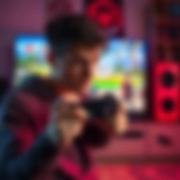 A gamer looking stressed while holding a controller, with a game loading screen on the TV in the background