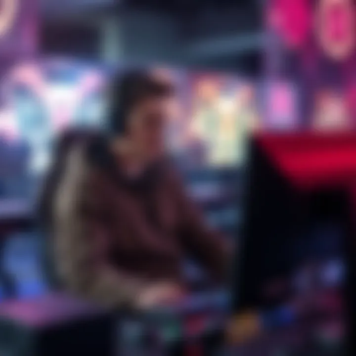 A gamer with a stressed expression sitting in front of a computer during a ranked match, showing frustration from losing streaks, surrounded by gaming equipment.