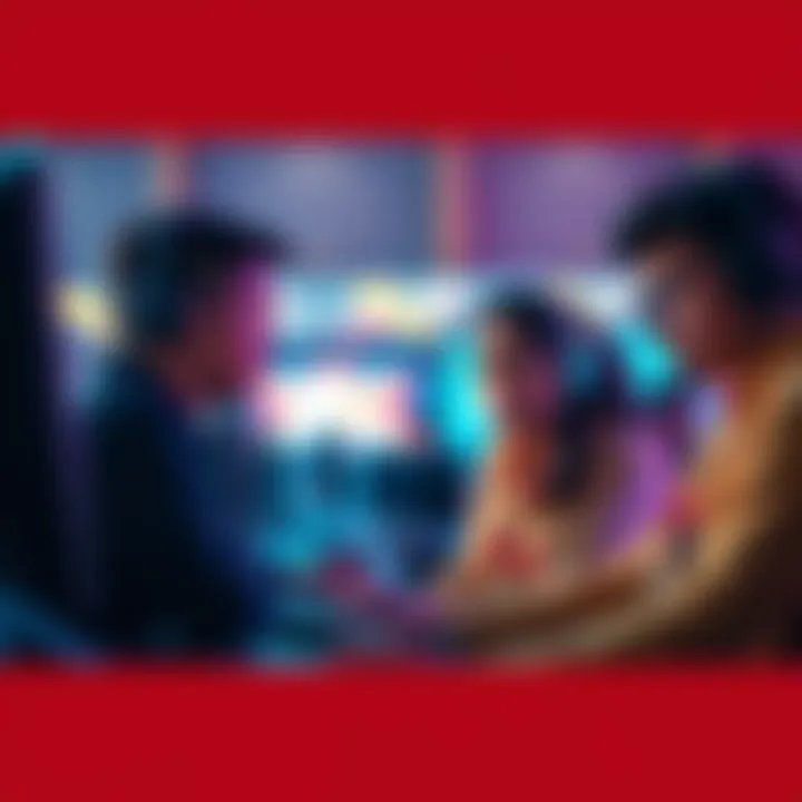 A group of gamers looking worried while discussing about game updates in front of their computers.