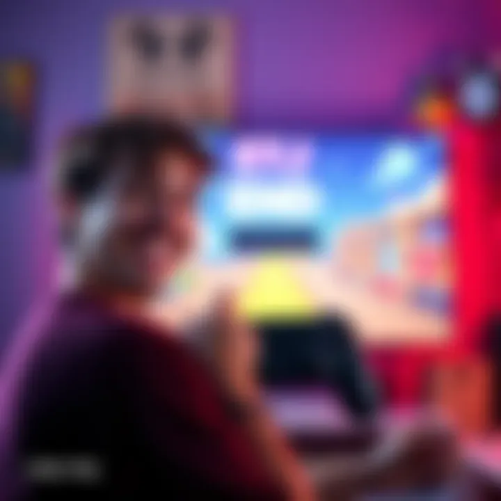 A gamer smiling and holding a controller in front of their screen displaying the game's end screen