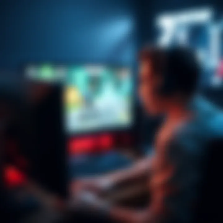 A gamer sitting in front of a computer, looking frustrated as the game character freezes on screen while the connection indicator shows a stable signal.