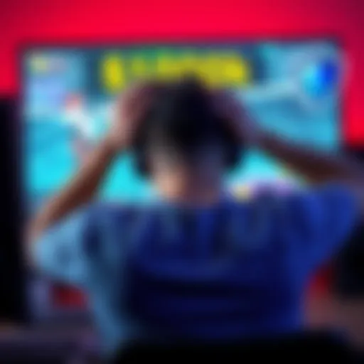 Player experiencing gaming fail A shocked player sitting in front of a computer, hands on head, with game graphics on the screen showing a dramatic loss, while a heavy shield icon is visible in the corner