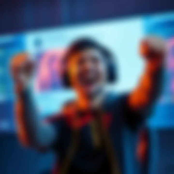 Player celebrating a gaming win A gamer with a headset smiling and raising their fists in victory, while a chat window shows complaints about the game