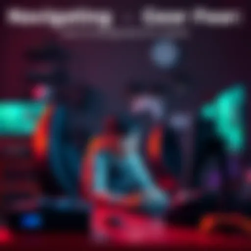 A gamer sitting at a desk, looking anxious while staring at their gaming equipment, with games and gear around them.