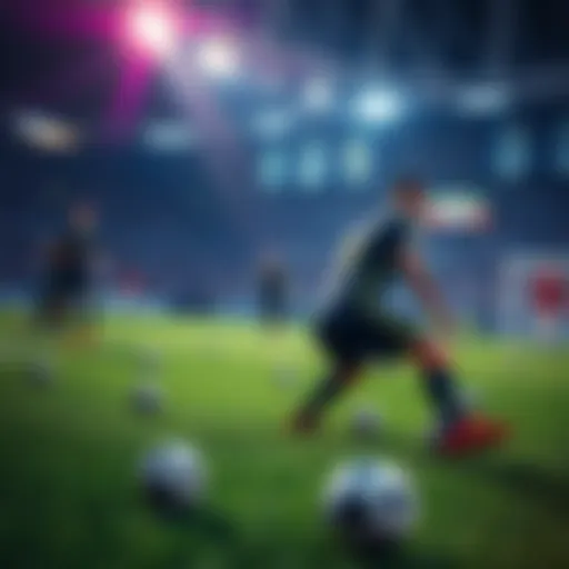 A champion player in a competitive game, focused on the field, using ground markers for strategic decisions without the ball cam. Teammates and opponents are visible in the scene.