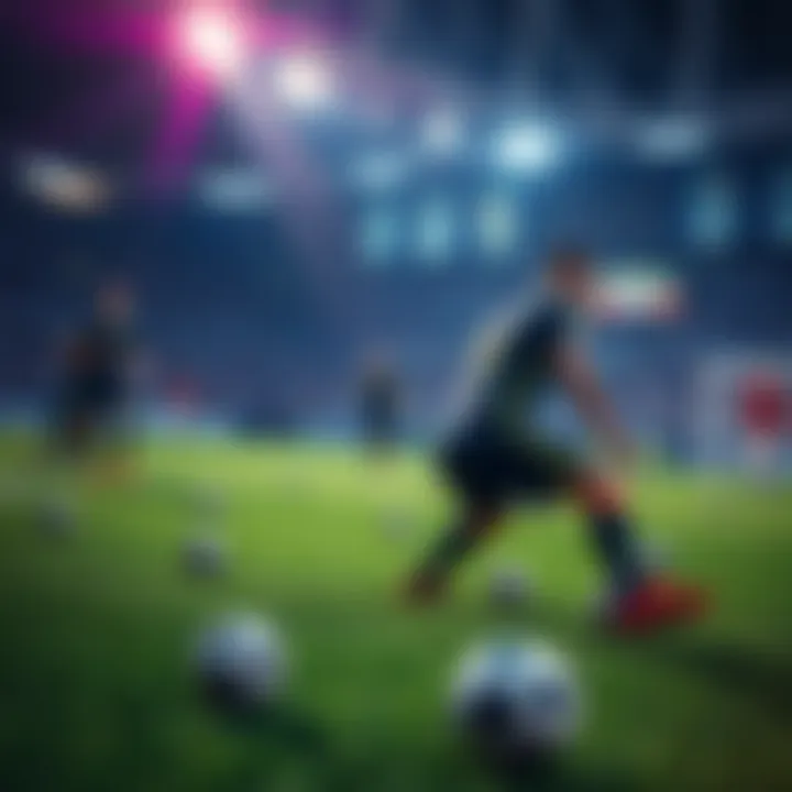 A champion player in a competitive game, focused on the field, using ground markers for strategic decisions without the ball cam. Teammates and opponents are visible in the scene.