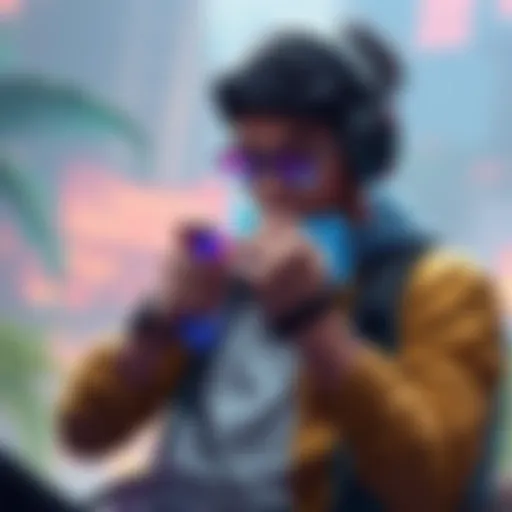 A gamer in a colorful setting using vitaspray and blue bandages during gameplay, with a focus on their inventory strategies.