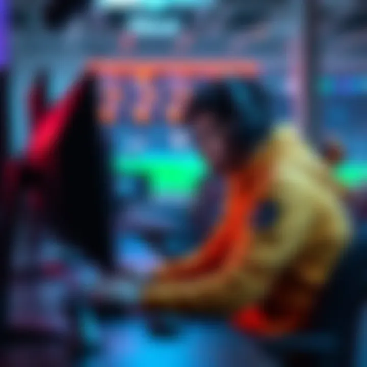 A frustrated player sitting at a gaming setup, looking at their screen, seeking improvement strategies for their gameplay performance.