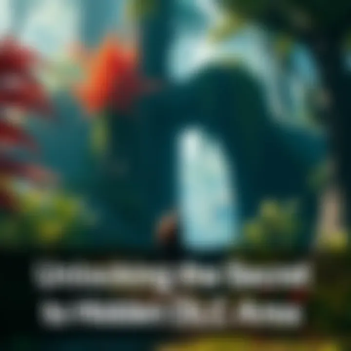 A game character entering a secret door in a lush, vibrant forest area