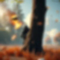 Player Hiding Behind a Tree in a Game A player in a gaming environment crouches behind a tree, appearing invisible while using a skill. In the distance, a destroyer shell falls near their hiding spot, showing signs of a targeted attack.