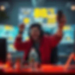 A gamer reacts joyfully after achieving a high kill score in a bot match, surrounded by gaming gear and screens displaying victory stats.