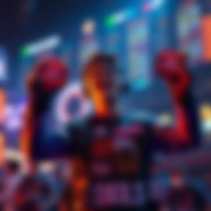 Player achieving high kills and damage in Wildcard A player celebrating a victory in a competitive Wildcard match, holding badges for 20 kills and 4K damage, with a scoreboard showing impressive stats in the background.