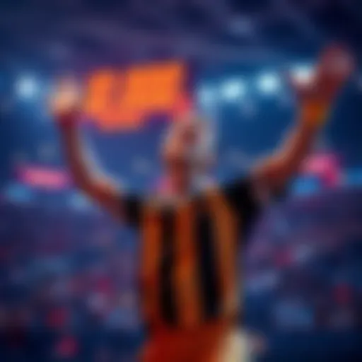 A player joyfully celebrating after scoring over 100,000 points while playing Reinhard in a stadium setting