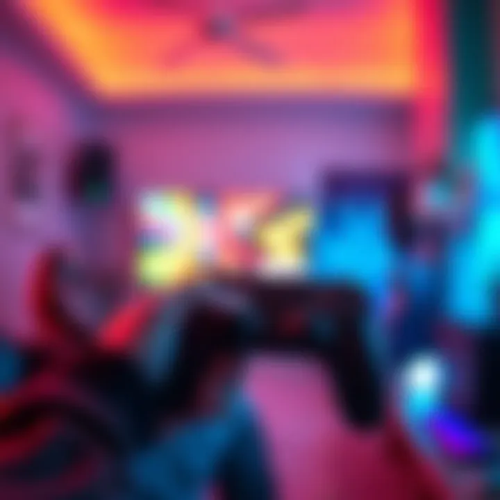 A person gripping a video game controller with a focused expression, ready to play. The setting is bright and inviting, showcasing a gaming setup with vibrant colors.