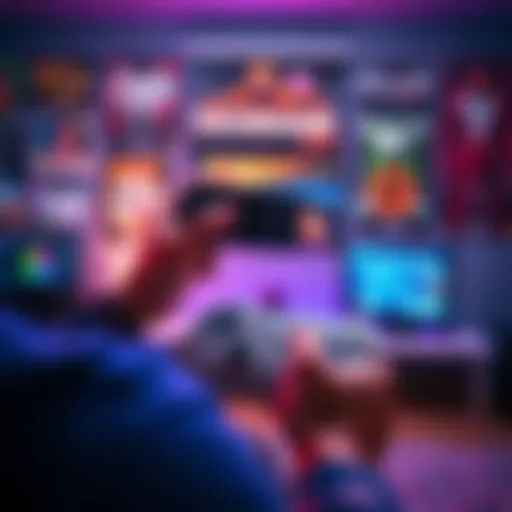 Player holding a game controller A person enthusiastically playing a video game with a controller, surrounded by gaming memorabilia and posters, highlighting popular games like Ghostrunner.