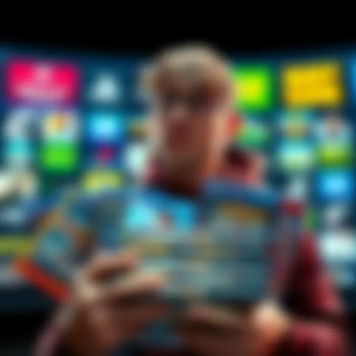 A gamer looks concerned while holding a collection of physical game cases, surrounded by digital game icons on a screen