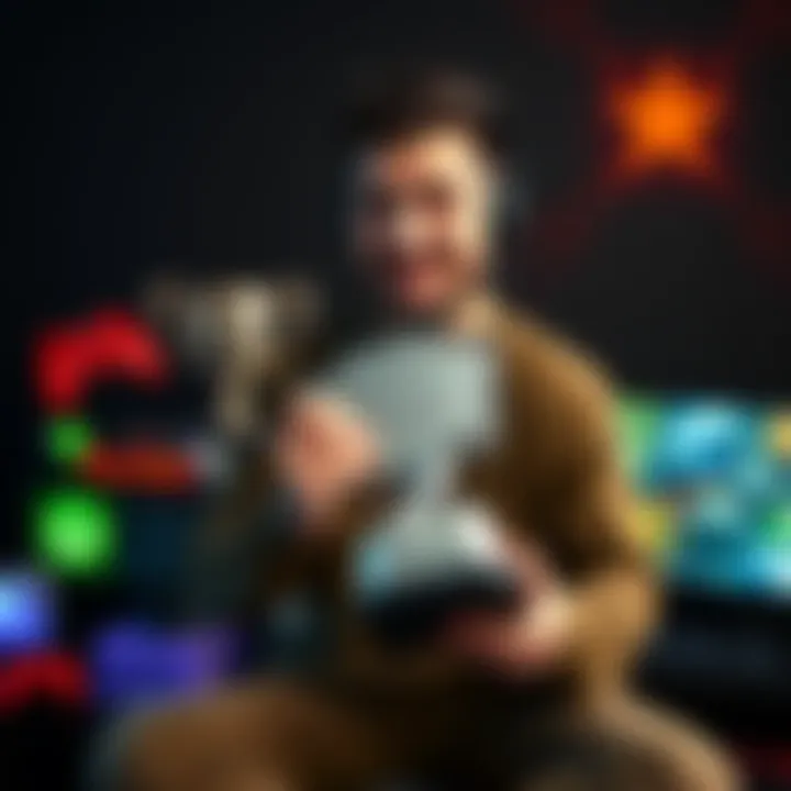 A proud gamer displays their Platinum trophy after completing a challenging game, surrounded by gaming gear and a checklist of achievements.