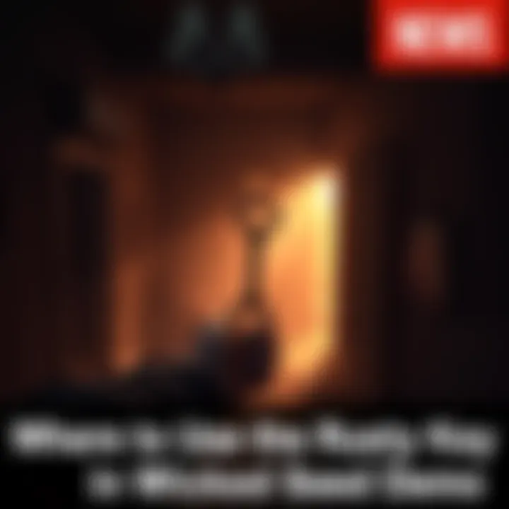 A player stands in a dark room, holding a rusty key, looking for a spot to use it