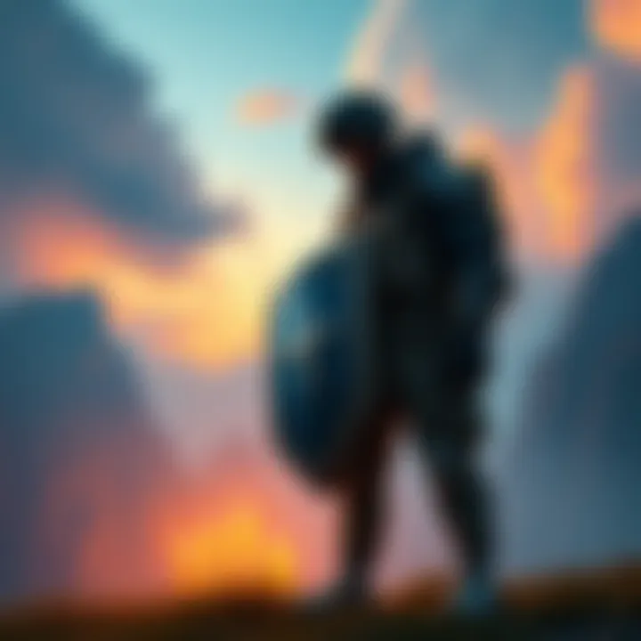 A player stands in a virtual world, holding a shield with a symbol representing their fallen comrade, surrounded by memories of their adventures together.