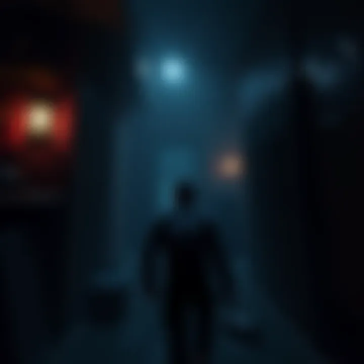 A character exploring a dark, eerie environment in a horror game, with spooky shadows and unsettling atmosphere.