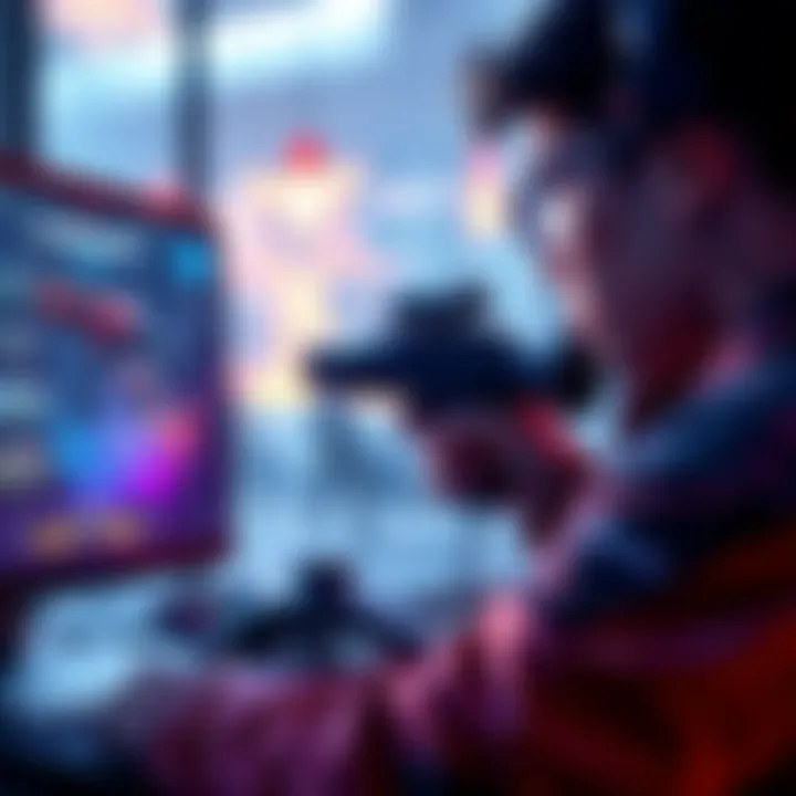 A gamer focused on a screen, strategizing in a 1v1 match in Power Shift, with weapons displayed on the screen.