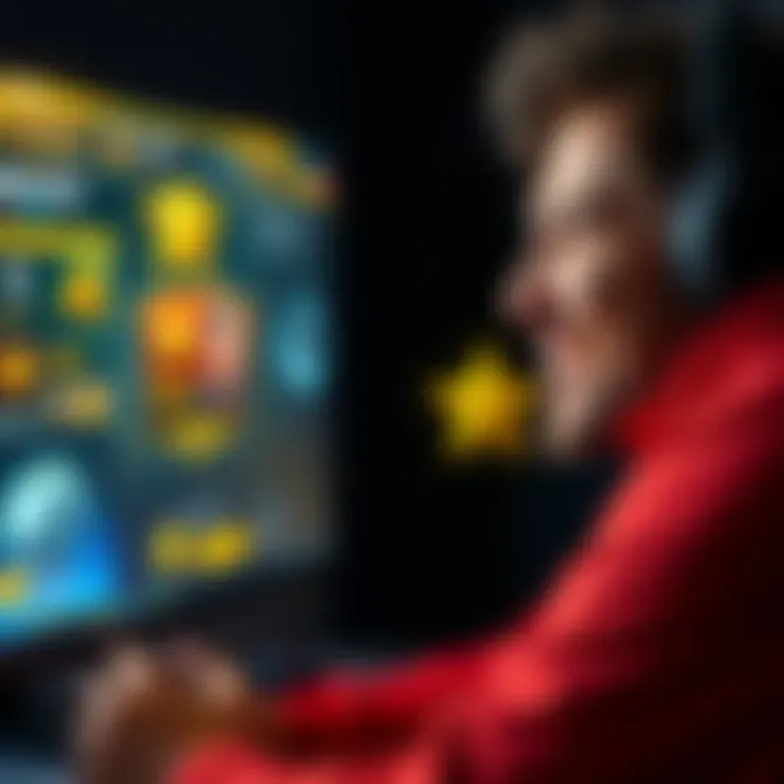 A gamer smiling while gaining prestige points on the screen, with a background showing in-game achievements and rewards.